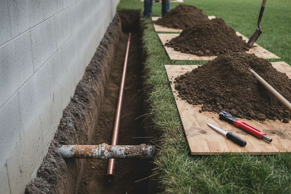 Excavated water line trench during Water Heater Repair in Luling